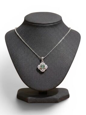 Moissanite Sterling Silver Green Blue Clover Pendant Necklace. New.